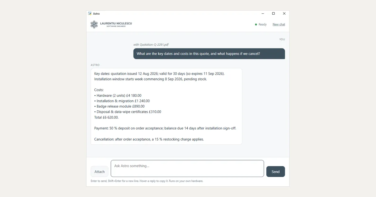 The Astro desktop window with a PDF quotation attached, answering a question about the key dates, the itemised costs and the cancellation charge in it