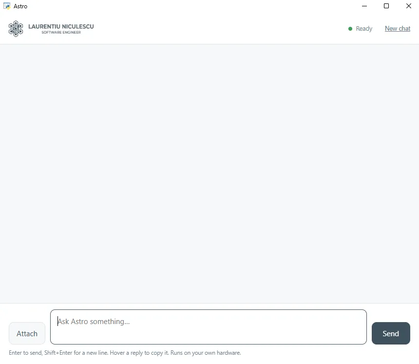 The Astro desktop window, empty and idle, with a green Ready status light and a box reading Ask Astro something