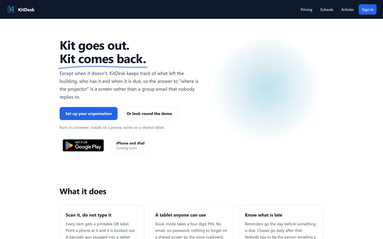 The KitDesk landing page: 'Kit goes out. Kit comes back.', with the Google Play badge and the feature cards below.