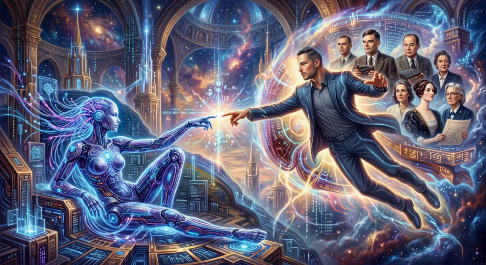 A painted allegory of a person reaching out to touch the hand of a machine intelligence, with figures from the history of computing looking on