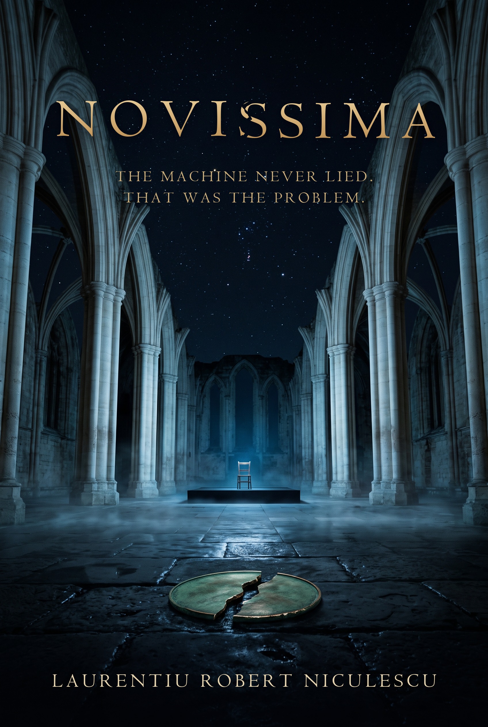 Novissima book cover by Laurentiu Robert Niculescu showing the roofless Gothic arches of the Carmo Convent in Lisbon at night, a single wooden chair on a low black stage, and a cracked bronze disc on the flagstones.